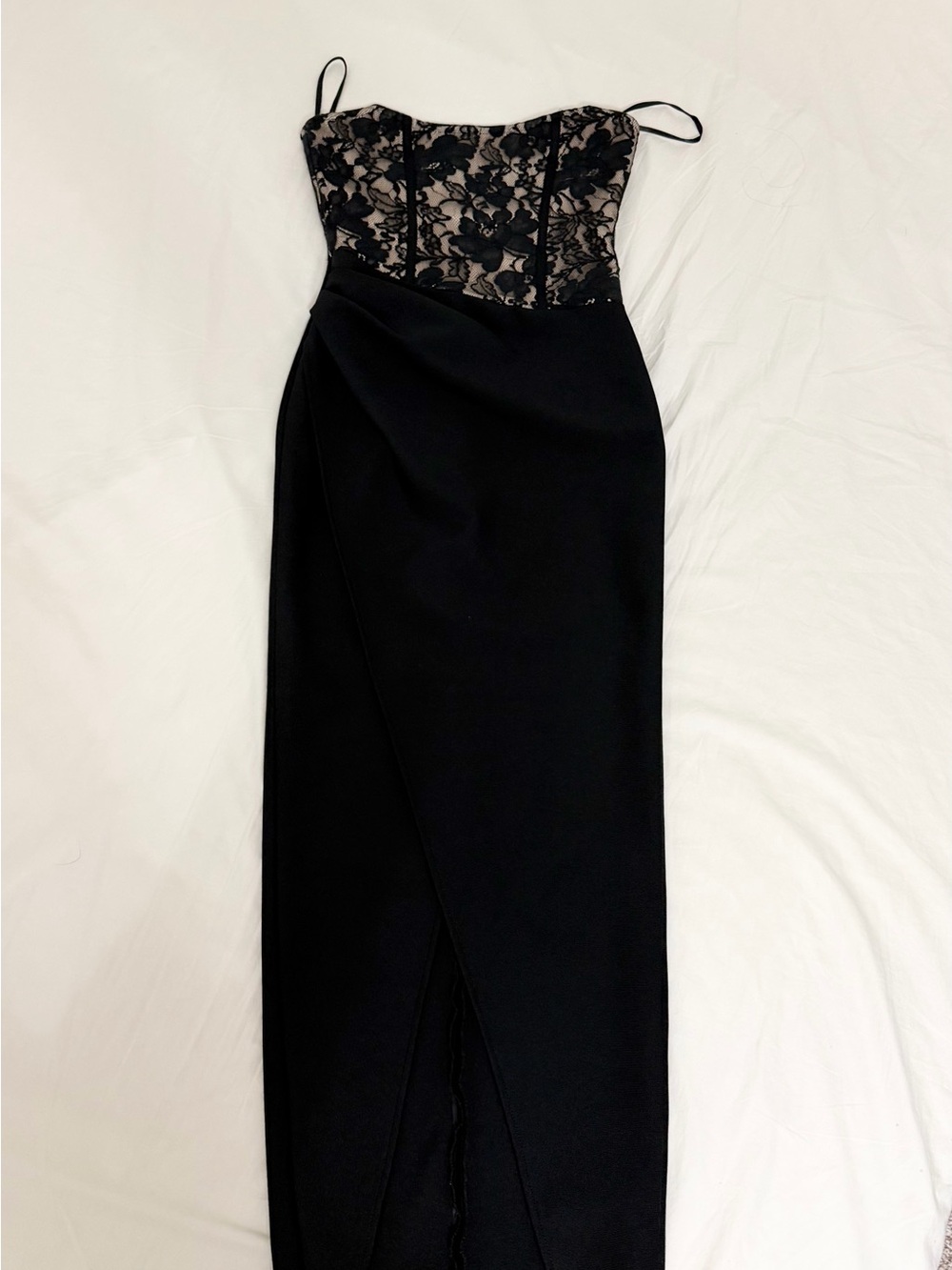 SHEIN Black Lace Corset Strapless Midi Dress w/ Front Slit - Picture 3 of 6